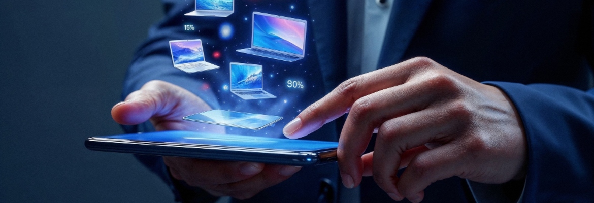 Fotografia em grande plano, onde se vê as mãos de uma pessoa com um fato azul-escuro. A mão esquerda segura, na posição horizontal, um smartphone com um ecrã azul brilhante. Da superfície do ecrã, emergem e flutuam quatro miniaturas de computadores portáteis  de design ultra-fino, em diferentes posições. O dedo indicador da mão direita aponta para o ecrã, tocando-o virtualmente. O fundo é um gradiente suave e desfocado, com a iluminação fria e azulada a realçar as figuras que flutuam, criando um aspeto futurista e tecnológico.