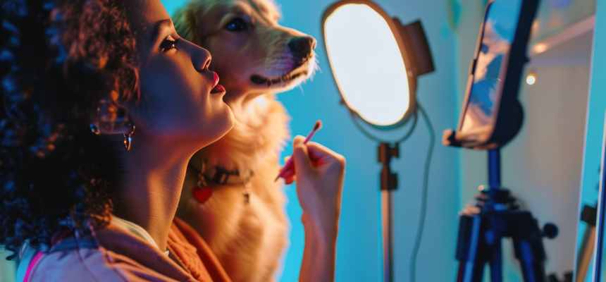Jovem criadora de conteúdos num ambiente doméstico com um pincel na mão, acompanhada por um cão com pelo dourado. A cena é iluminada por um sistema de iluminação profissional projetando tons vibrantes de azul e laranja sobre o rosto da jovem e do animal. À direita, é visível um smartphone montado num tripé, capturando a cena.