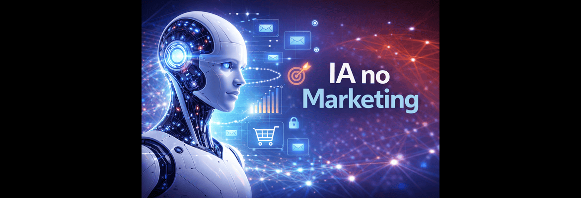 Ilustração de um robô humanoide com elementos digitais e ícones de marketing, representando a aplicação da Inteligência Artificial no marketing.