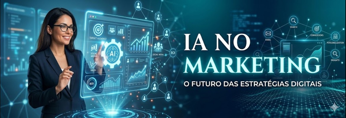 Descrição da imagem: Banner digital com estética futurista em tons de azul e ciano. À esquerda, uma mulher de blazer escuro e óculos sorri enquanto toca uma interface holográfica flutuante que exibe ícones de engrenagens, um cérebro digital (IA) e gráficos de crescimento. No lado direito, em letras grandes e brancas, lê-se o título "IA NO MARKETING" e, logo abaixo, o subtítulo "O FUTURO DAS ESTRATÉGIAS DIGITAIS". O fundo é composto por conexões neurais e ícones flutuantes de e-mail, busca e análise de dados.