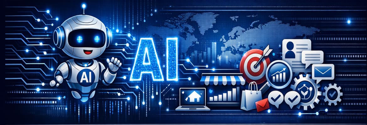 Robô de inteligência artificial a interagir com elementos de marketing digital, incluindo alvo, carrinho de compras, lupa com gráfico e laptop com loja online, sobre um fundo azul tecnológico com mapa digital e circuitos luminosos