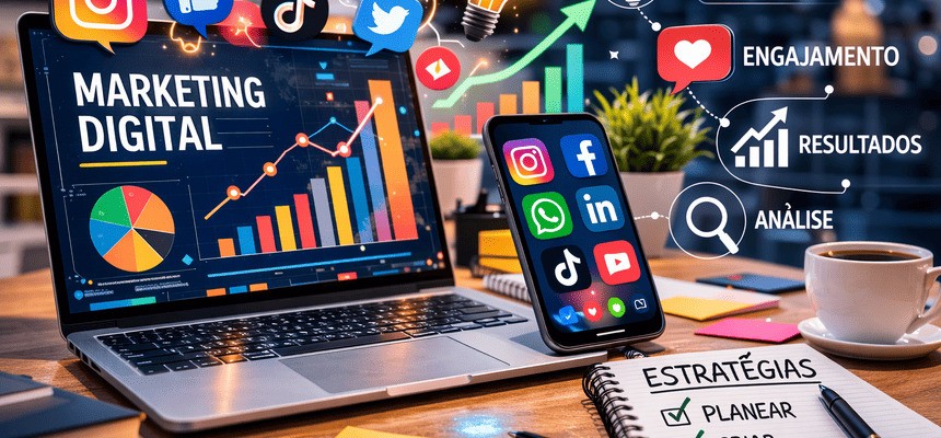 Imagem de redes sociais e marketing de conteúdo com ícones de likes, interação e análise de desempenho digital