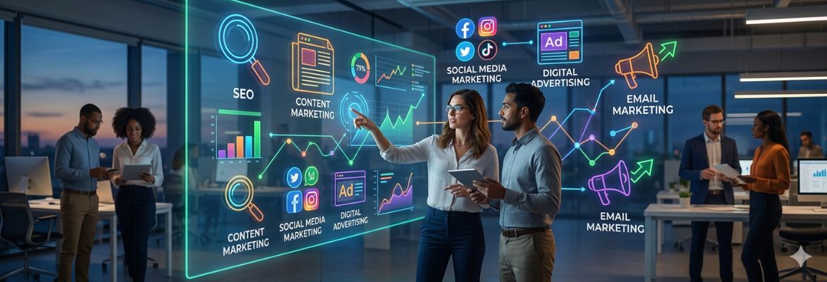 Profissionais colaboram num escritório moderno enquanto dois deles analisam conceitos de marketing digital num ecrã transparente