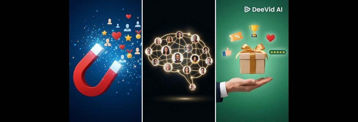 Três ilustrações lado a lado representando atração de clientes (íman), inteligência de rede (cérebro com rostos conectados) e recompensas (caixa de presente com troféu e estrelas) 