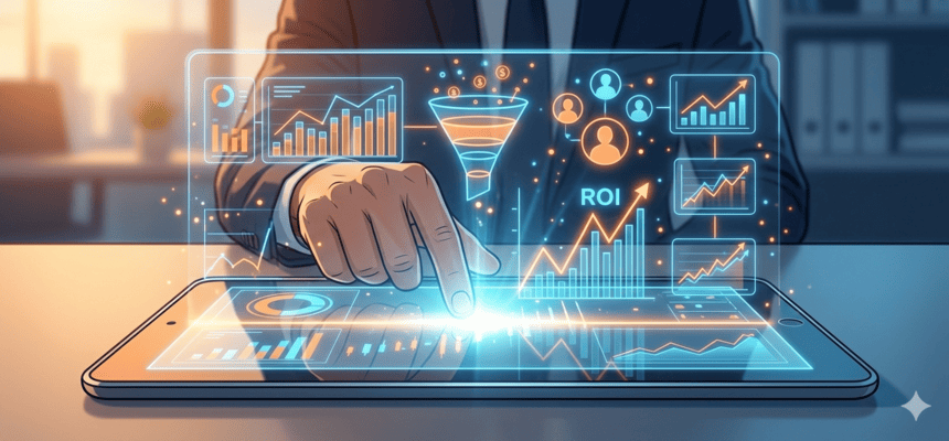 Visualização de análise de dados no marketing digital, com gráficos, métricas de desempenho e indicadores de ROI apresentados num tablet para apoiar a tomada de decisões estratégicas.