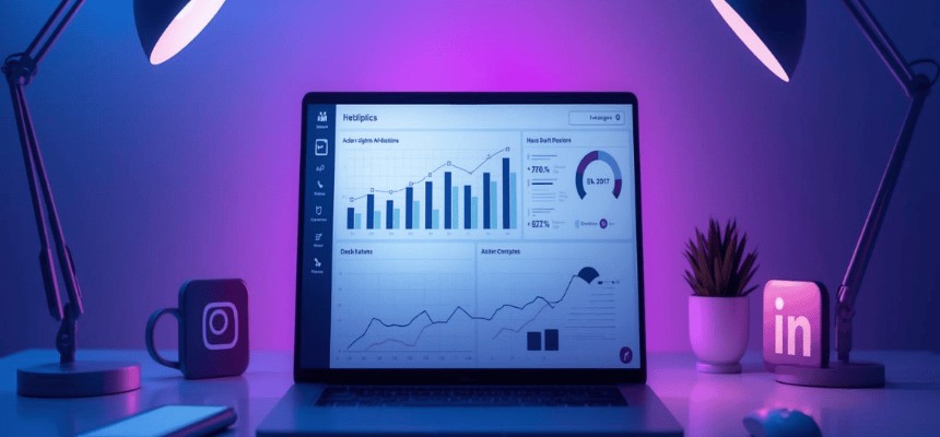 Computador portátil com gráficos de análise de dados e desempenho digital, representando estratégias de marketing digital
