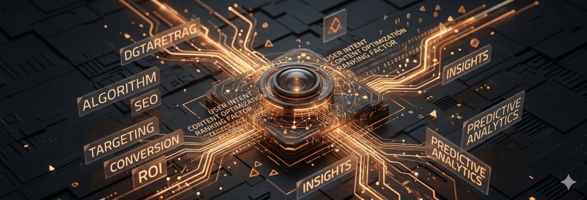 Representação tecnológica e abstrata de um processador central de marketing digital, com fluxos de luz interligando conceitos como SEO, Algoritmos, Conversão e ROI sobre um fundo escuro e futurista.