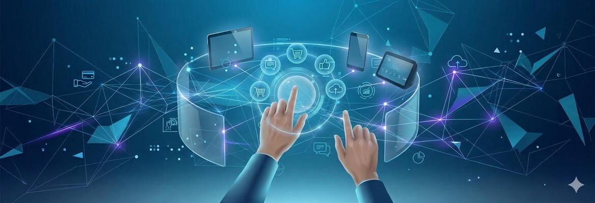 Representação visual do consumidor no centro do ecossistema digital omnicanal, com mãos a interagir com interfaces flutuantes e múltiplos dispositivos conectados.