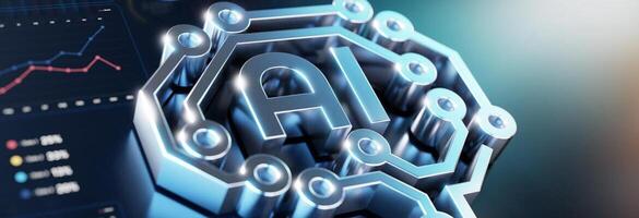 Ilustração digital futurista que representa a aplicação da inteligência artificial no marketing, mostrando um cérebro digital iluminado ligado a um computador com gráficos de análise de dados, ícones de e-mail, compras e segmentação de clientes, enquanto uma figura humana observa e interpreta os resultados das campanhas.