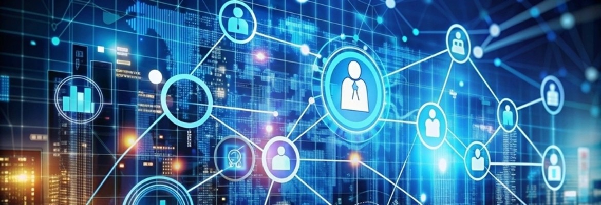 Rede digital abstracta em tons de azul com múltiplos nós interconectados representando pessoas e comunicações globais, simbolizando a interatividade e alcance da evolução digital no relacionamento empresa-consumidor