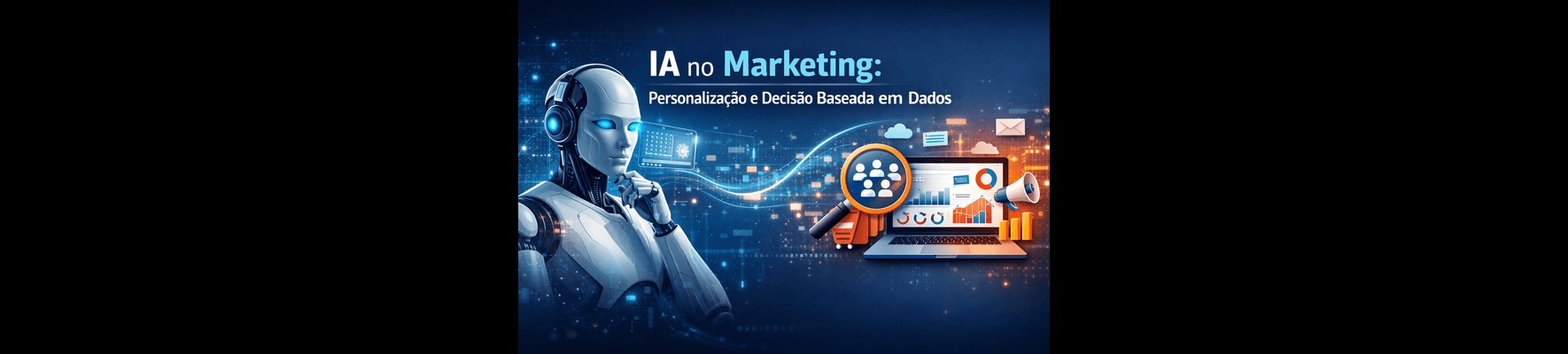 Robô futurista sentado diante de várias telas digitais com gráficos, tabelas e métricas de marketing, simbolizando inteligência artificial analisando dados e otimizando campanhas