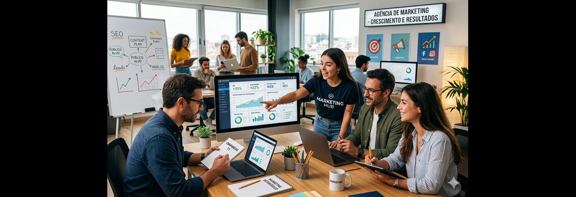 Ilustração de pessoas a trabalhar em computadores portáteis, rodeadas por elementos de marketing digital como megafone, notificações, ícones de redes sociais, gráficos e mensagens, simbolizando comunicação online, colaboração e estratégias digitais.