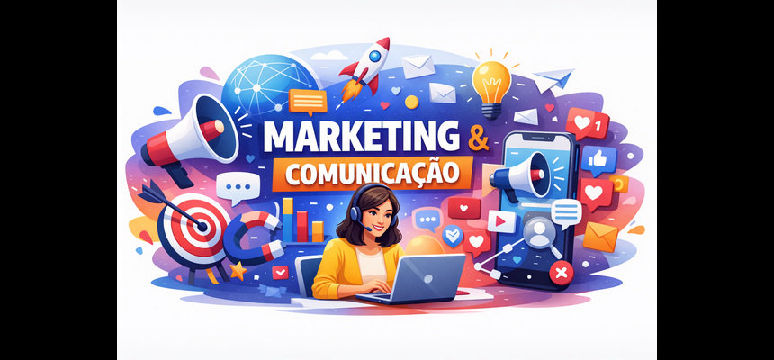 Ilustração colorida sobre marketing e comunicação digital, com uma jovem a trabalhar num computador portátil rodeada de ícones como megafone, gráficos, alvo, foguete, mensagens e redes sociais, representando estratégias digitais e interação online.