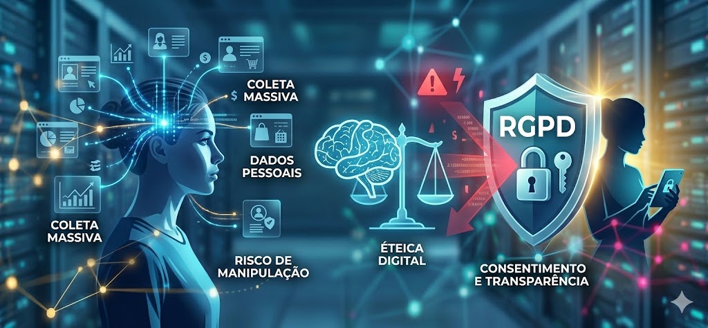 Ilustração conceptual que divide o ecrã entre a recolha massiva de dados (lado esquerdo, focado na mente humana e padrões de consumo) e a proteção legal (lado direito, focado no escudo do RGPD). No centro, uma balança simboliza a Ética Digital, equilibrando o poder da IA com a transparência e o consentimento.