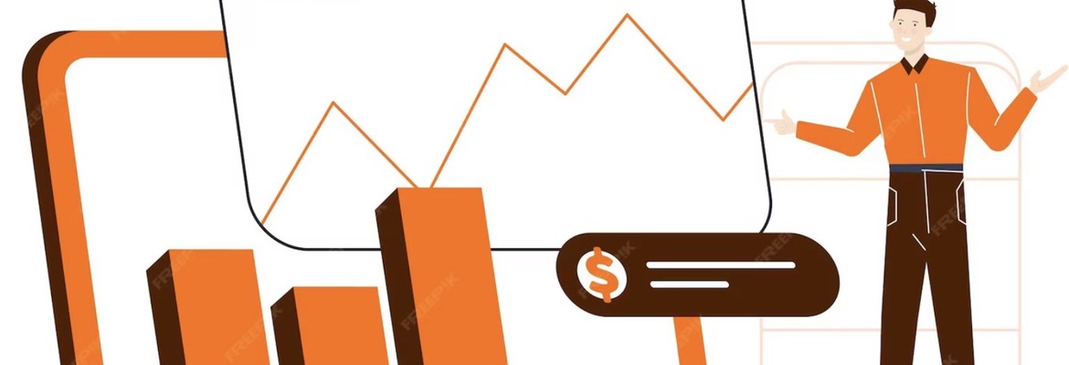lustração de uma pessoa ao lado de gráficos de barras e de linha, representando análise de dados e informações financeiras.