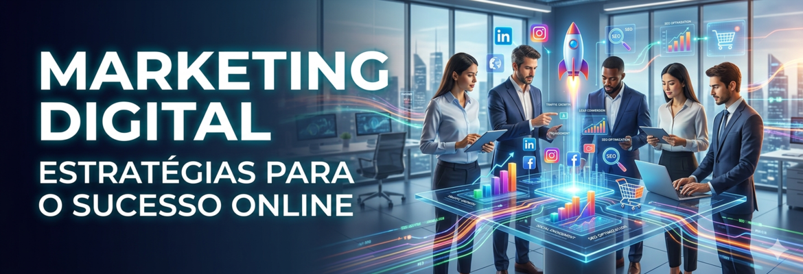 Banner de capa para artigo sobre "Marketing Digital", com o título e subtítulo visíveis. À direita, uma equipe de marketing colabora com gráficos de dados e ícones de tecnologia digital para alcançar o sucesso online.