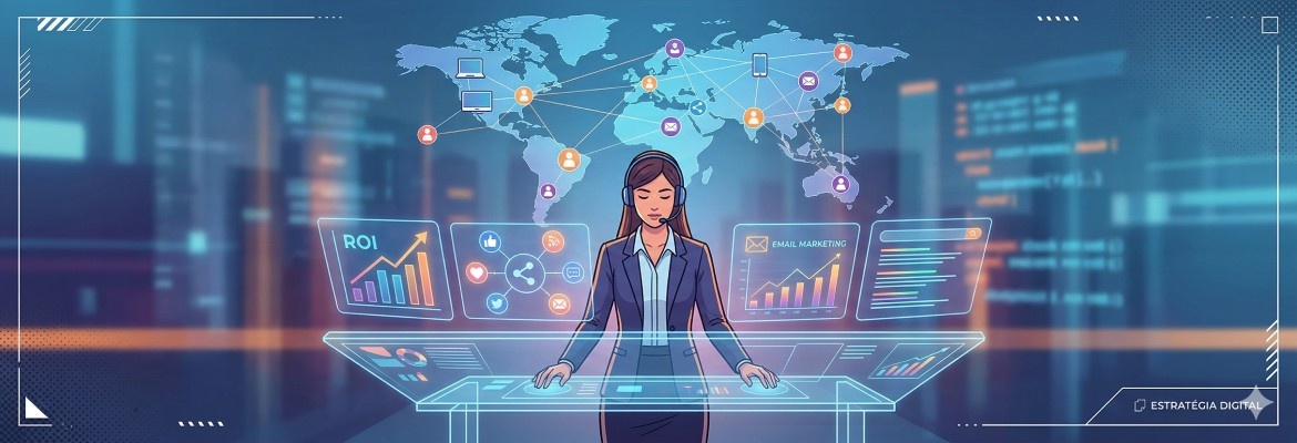 Profissional de marketing a analisar dados digitais num painel interativo global.