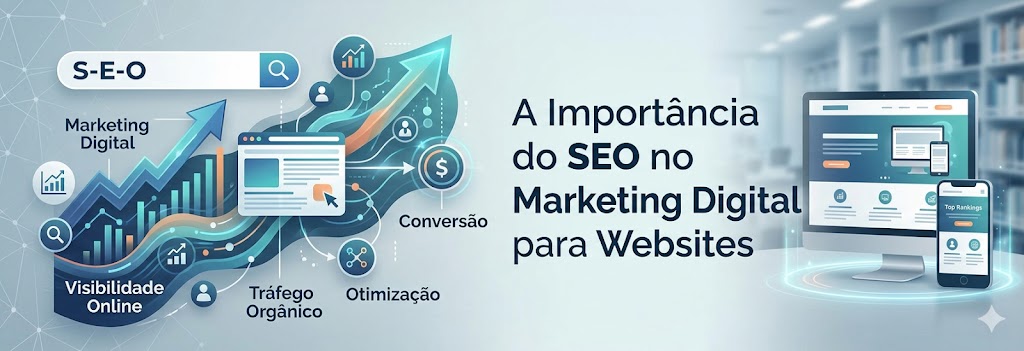 Imagem de capa ilustrativa sobre a importância do **SEO** no **marketing digital**. Mostra uma composição visual com elementos como uma lupa sobre um website, gráficos de crescimento de **tráfego orgânico**, ícones de palavras-chave e a representação da **visibilidade online** nos motores de busca