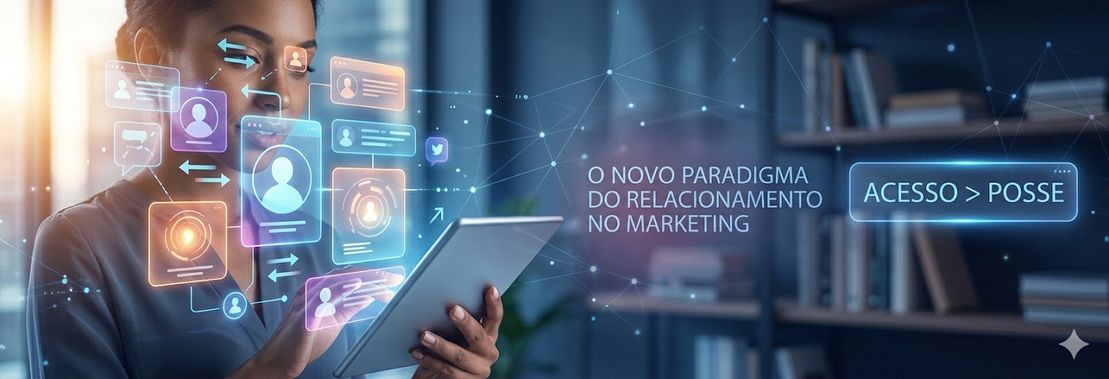 Uma profissional de marketing interage com uma interface digital futurista que destaca a transição para o novo paradigma do acesso sobre a posse no relacionamento com o consumidor.