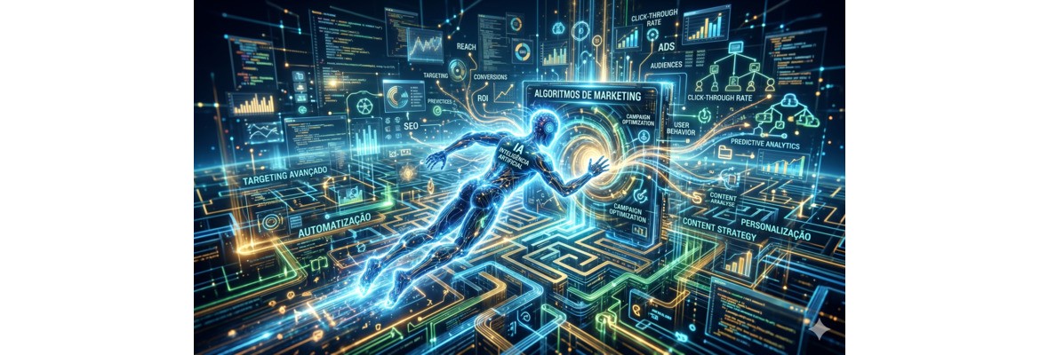 IA desenhada em forma de homem a entrar no mundo e no cérebro do marketing