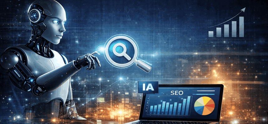 Ilustração de inteligência artificial aplicada ao SEO das PME, com um robô, uma lupa de pesquisa e um gráfico de desempenho no ecrã de um computador.