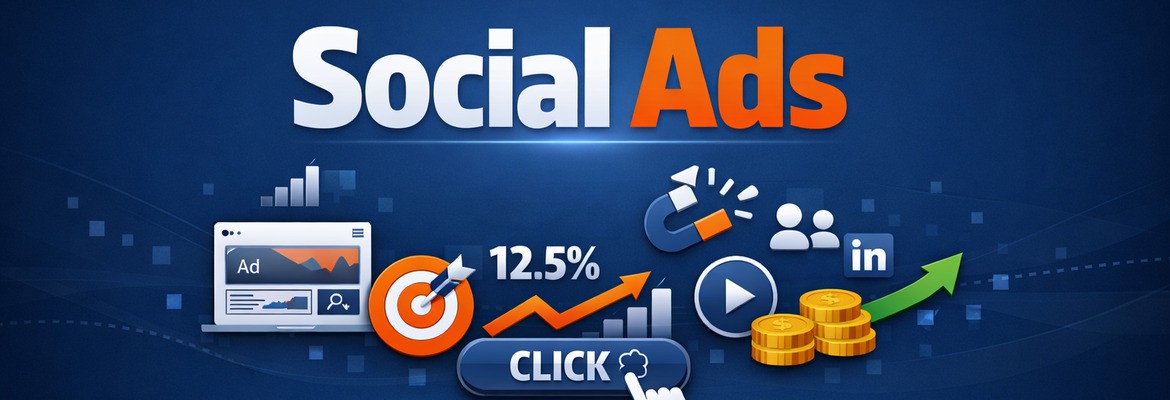 Ilustração representativa de Social Ads no Marketing Digital, com gráficos de crescimento, CTR, segmentação de audiência e indicadores de ROI em campanhas de publicidade nas redes sociais.