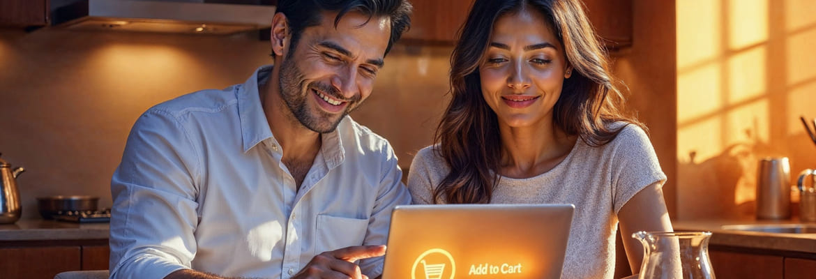 Duas pessoas satisfeitas nos processo de compra online 