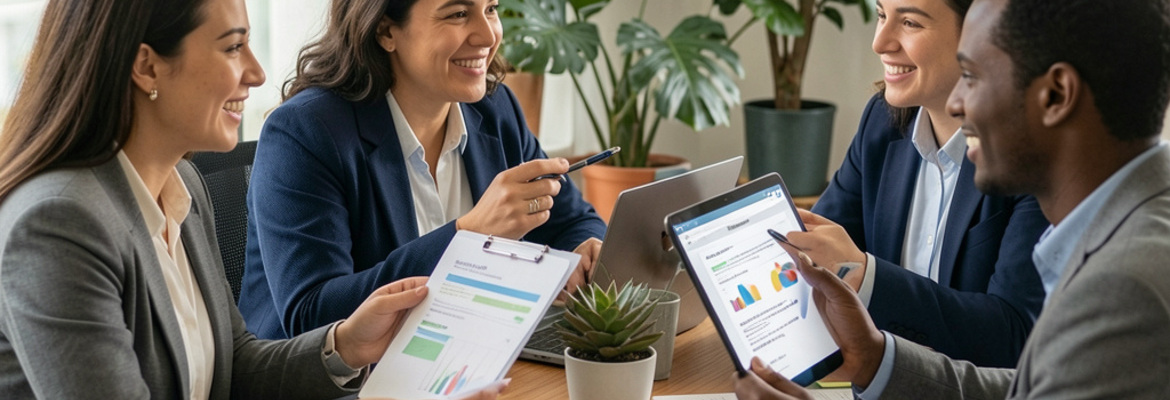 Equipa de profissionais reunida em ambiente de trabalho colaborativo, sorrindo e a partilhar documentos e com gráficos