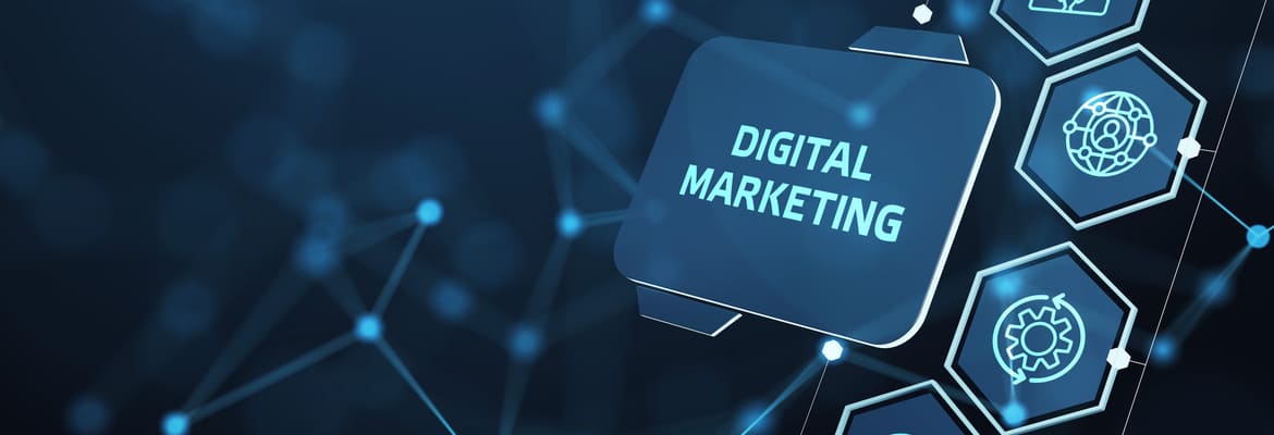 Ilustração tecnológica com o texto "Digital Marketing" rodeado por ícones digitais e conexões em rede.