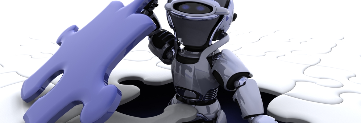 Robô a encaixar peça de puzzle, simbolizando a integração da inteligência artificial na resolução de problemas e no marketing digital.