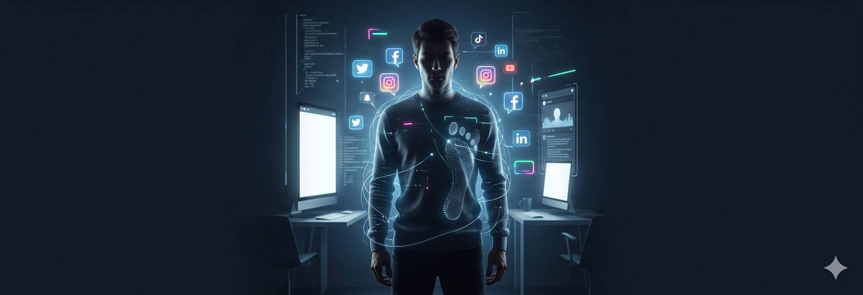 A figura humana envolta pela sua própria pegada digital.