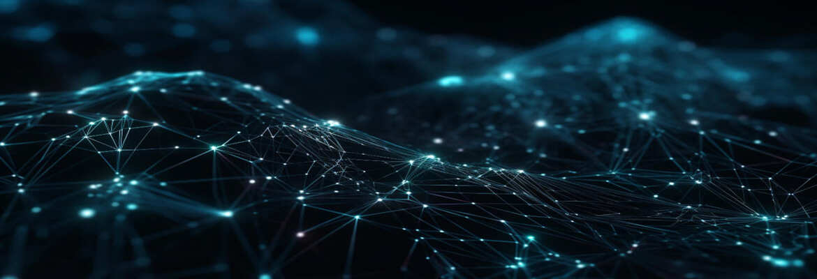 Representação abstrata de uma rede digital com múltiplos pontos luminosos interligados por linhas, formando uma espécie de paisagem ondulada em tons escuros e azulados, simbolizando a conectividade, os dados e a inteligência artificial.