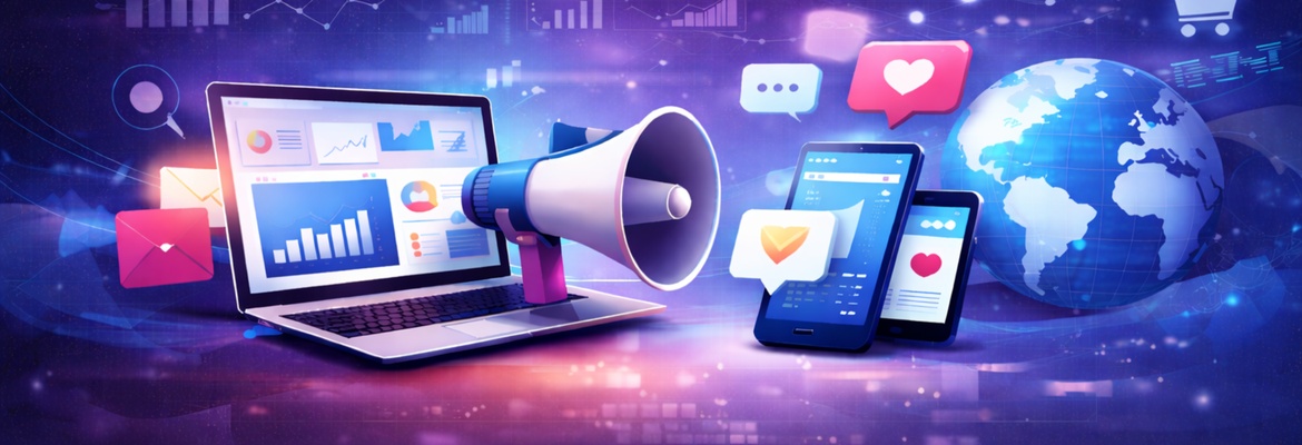 Ilustração de marketing digital com laptop a mostrar gráficos, megafone, smartphones e um globo, representando análise de dados, comunicação online e presença digital global.
