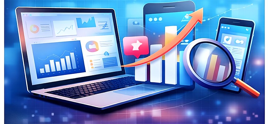 Ilustração de marketing digital com portátil e smartphone a exibir gráficos de desempenho, análise de dados e crescimento online, representando estratégias digitais e otimização de resultados.
