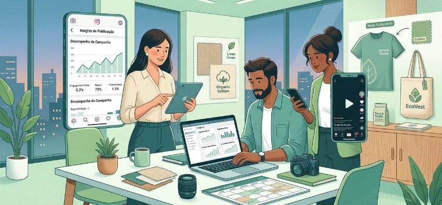 Equipa de marketing digital a analisar dados e a desenvolver estratégias de conteúdo para promover uma marca de moda sustentável nas redes sociais.
