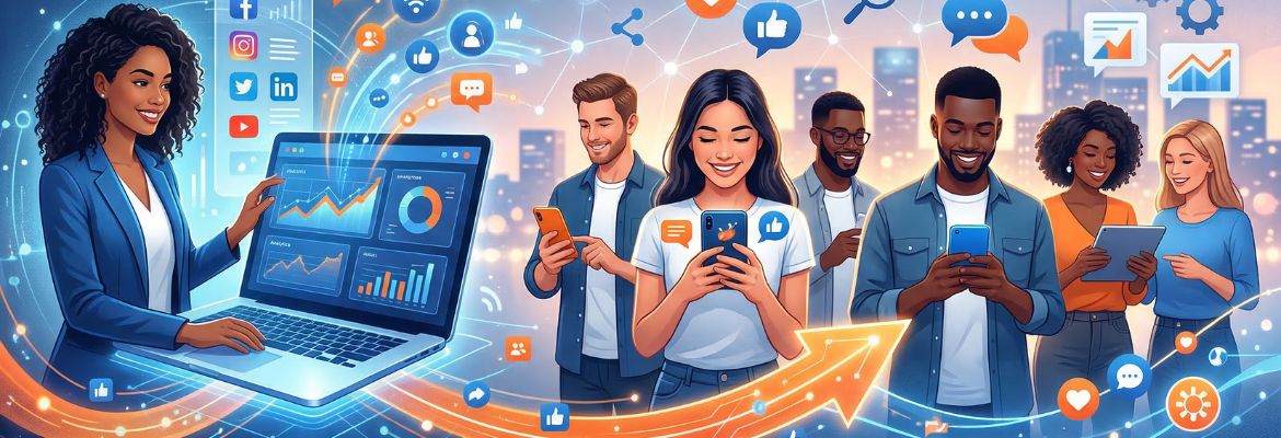 Imagem ilustrativa dos canais digitais no relacionamento entre marcas e consumidores, mostrando redes sociais, dispositivos digitais e interação entre empresas e clientes no contexto do marketing digital.