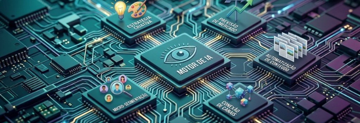 Uma representação visual isométrica de um processador central de Inteligência Artificial num circuito eletrónico futurista. Ao centro, um chip com um ícone de um olho e a inscrição "MOTOR DE IA" atua como o núcleo operacional. Deste núcleo, partem ligações para outras placas de circuito, cada uma representando um pilar estratégico do marketing impulsionado pela IA: "ESTRATÉGIA CRIATIVA" (ícones de lâmpada e paleta de tintas), "PREVISÃO DE MERCADO" (gráfico de crescimento e binóculos), "AUTOMATIZAÇÃO DE CONTEÚDO" (pilha de documentos), "MICRO-SEGMENTAÇÃO" (ícones de avatares com lupa) e "CONEXÃO DE CANAIS" (ícone de rede e nós). A imagem apresenta linhas de circuito brilhantes e componentes detalhados sobre um fundo escuro com iluminação neon, simbolizando a integração tecnológica na gestão de marketing.