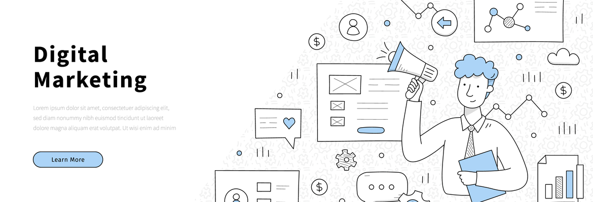 Ilustração em estilo minimalista sobre marketing digital, mostrando um personagem a segurar um megafone rodeado por ícones de comunicação, gráficos, redes sociais e elementos digitais. À esquerda, aparece o título “Digital Marketing” com um botão “Learn More”, sugerindo promoção de serviços ou aprendizagem na área.